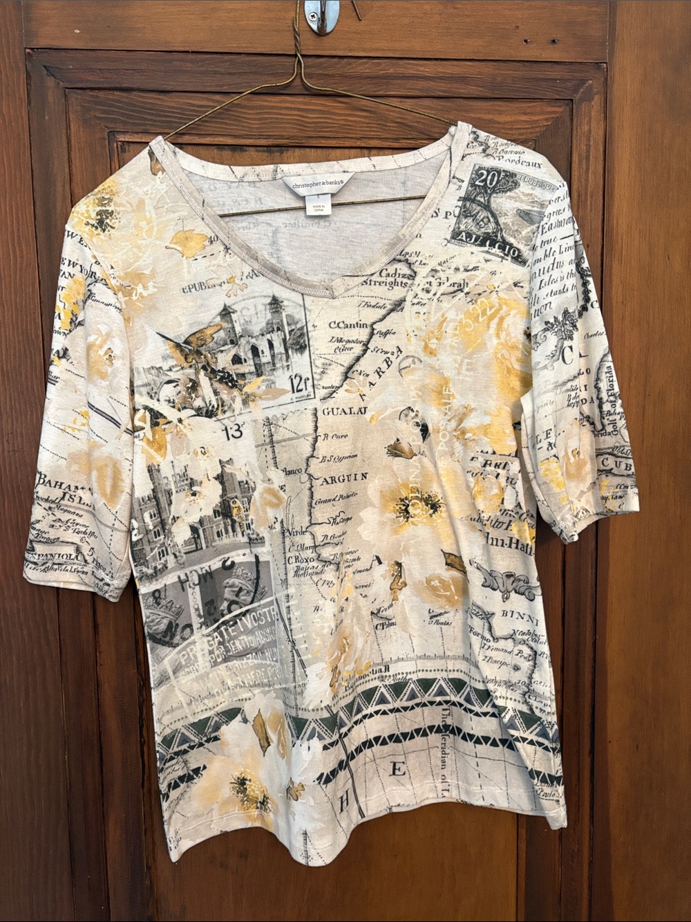 Christopher & Banks Cream Tee with Yellow Floral & Black Map Motif